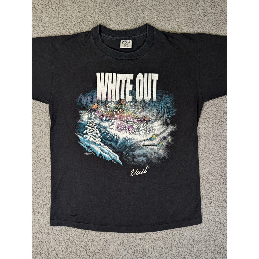 Vintage 90s White Out Ski Vail Colorado Snow T Shirt Mens XL Single Stitch Black